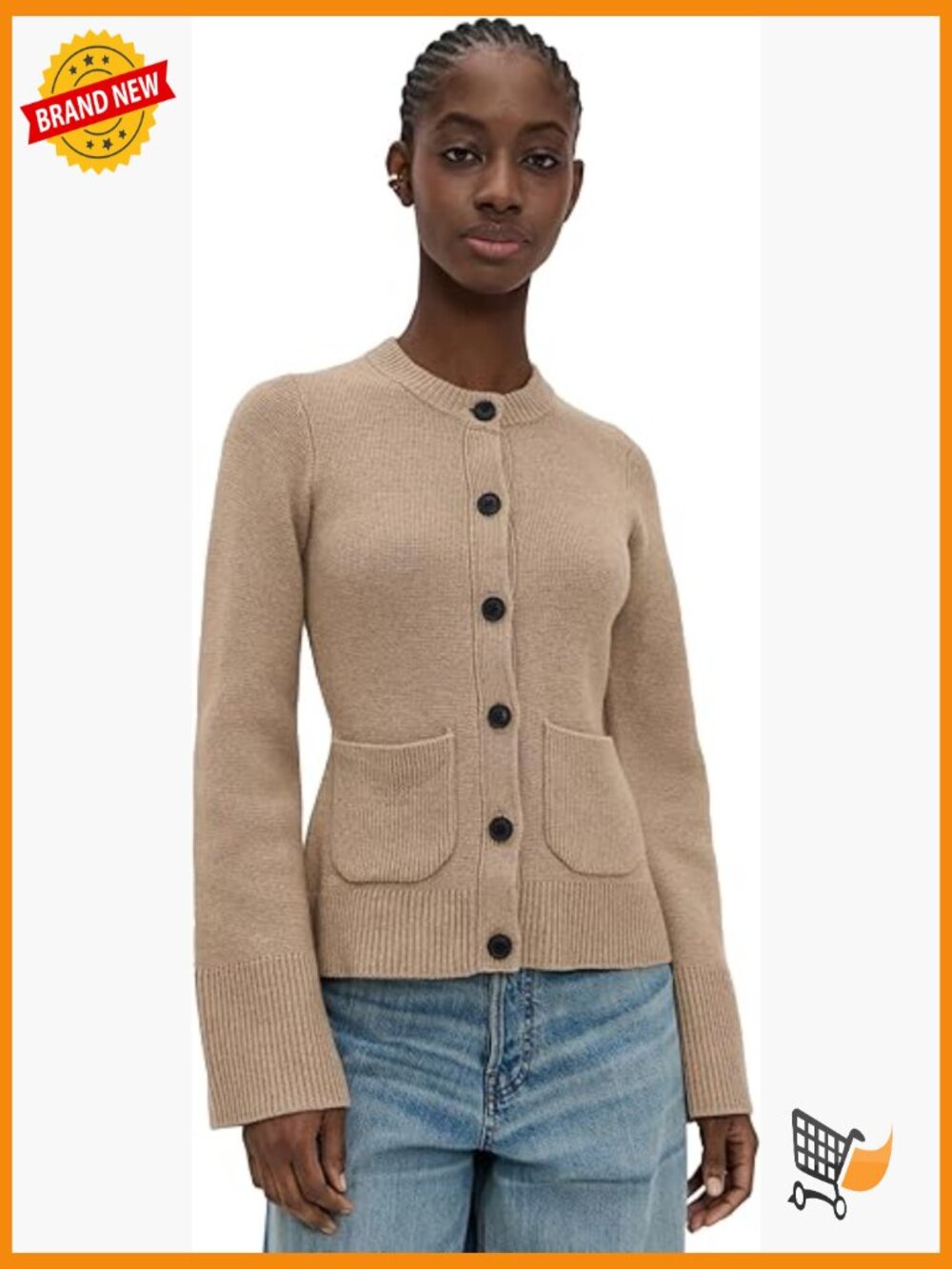 Mid-weight Knit Cardigan with Pockets Regular Fit Long Sleeve Crew Neck